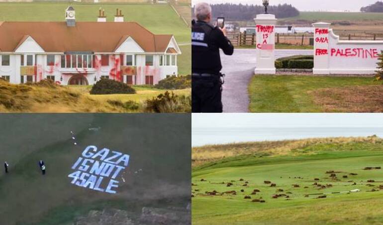 Grupo pro Palestina vandaliza campo de golf de Donald Trump en Escocia: 